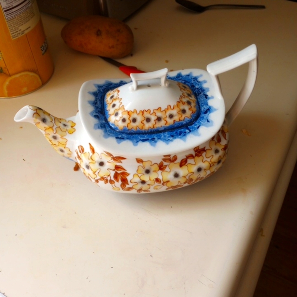 Floral Ceramic Teapot with Blue and Gold Accents